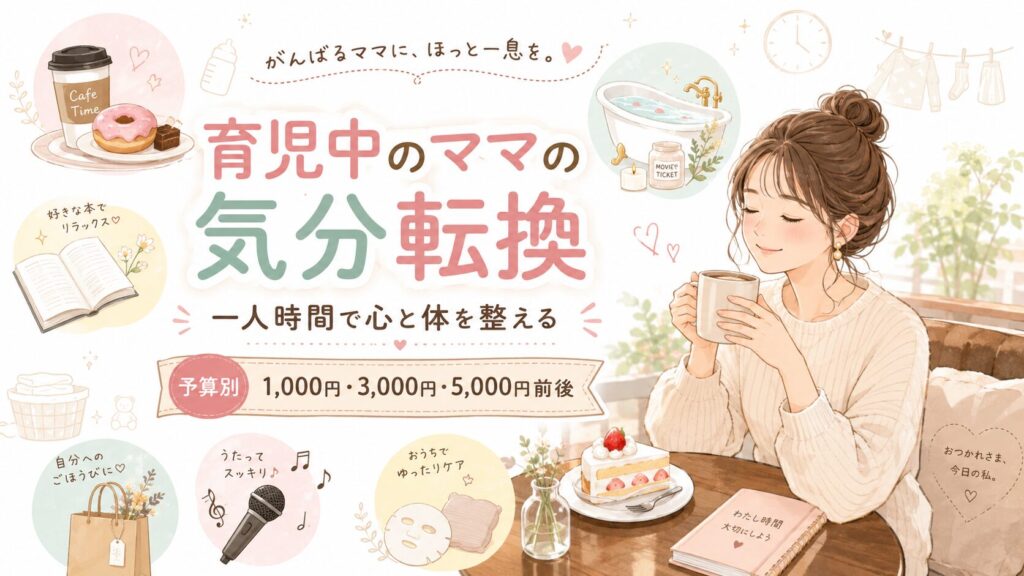 育児中のママ向けの気分転換方法を紹介するアイキャッチ画像。温かい飲み物を楽しむ女性を中心に、カフェ、読書、入浴、買い物など予算別のリフレッシュ方法を表現している。